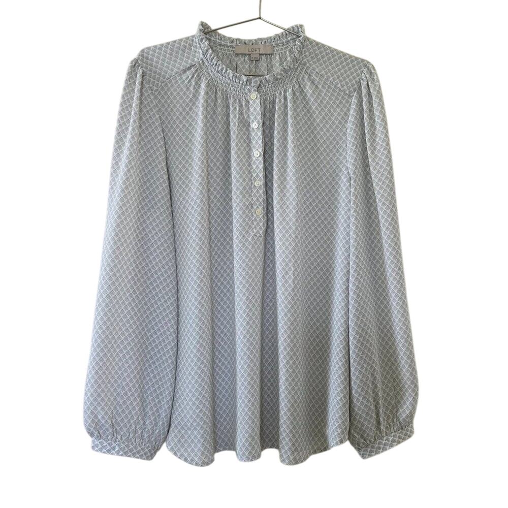 LOFT Smocked Ruffle Blouse XL Long Sleeve Lightweight Top Gray White Print
